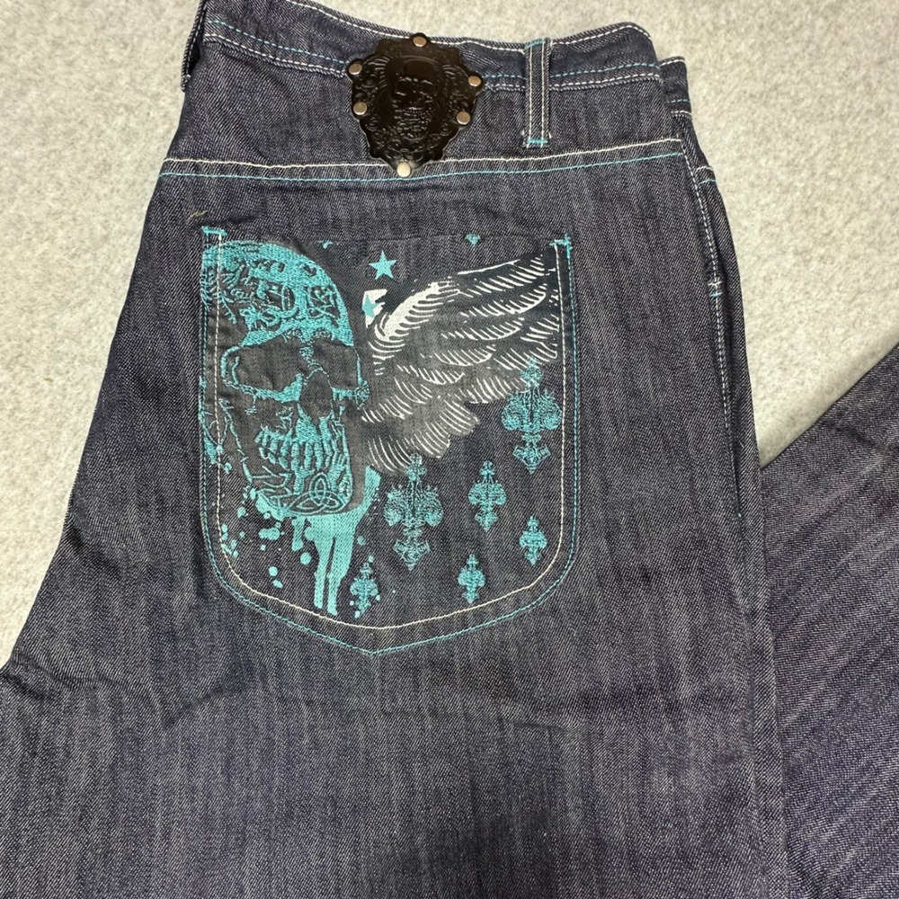 MINT Vtg G-Unit‎ Baggy 42x34 Dark Wash Embroidered Skull Baggy Jeans Y2K HipHop